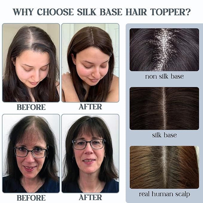 Benehair Hair Toppers for Women Real Human Hair With Bangs 150% Density 7 * 13 CM Silk Base Clip in Hair Pieces for Women 10 Inch #1B Natural Black