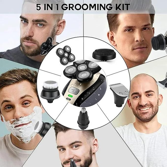 5-in-1 Electric Razor for Men - Head Shaver for Wet Dry Skull Bald Head - Rechargeable Rotary Shavers Cordless Grooming Kit with Beard Nose Ear Body Hair Trimmer Face Cleaning Brush Gifts for Men