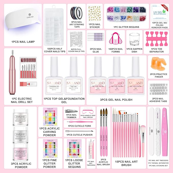 SAVILAND Acrylic Nail Kit ? Nails Kit Acrylic Set with Nail Drill Brushes Gel Polish Clear Nails Tips Nail Art Tools Nail Stuff for Starters DIY Christmas Gift