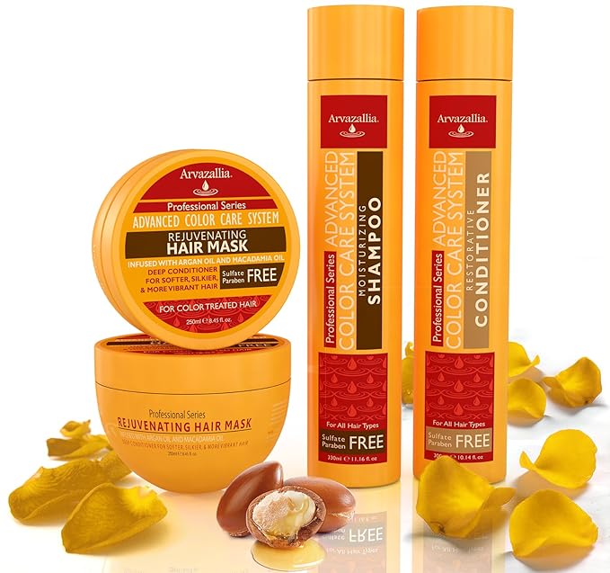 Advanced Color Care Sulfate Free Shampoo and Conditioner Set for Color Treated Hair with Argan Oil and Macadamia Oil By Arvazallia - Shampoo Conditioner and Deep Conditioner Hair Mask
