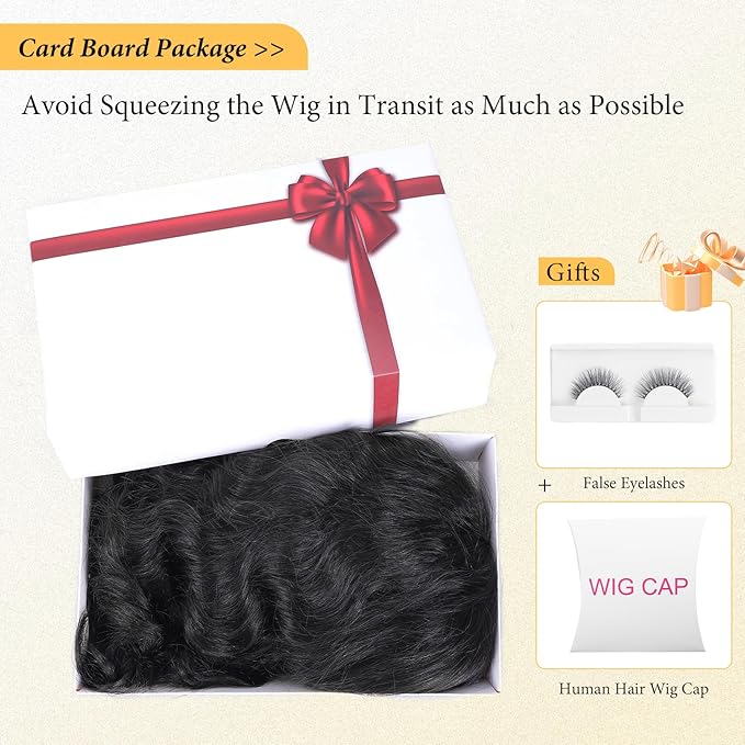 WIGNEE 100% Virgin Human Hair Loose Deep Wave Wigs with Bangs Brazilian Human Hair Wave Wig for Women Natural Black (12 Inch)