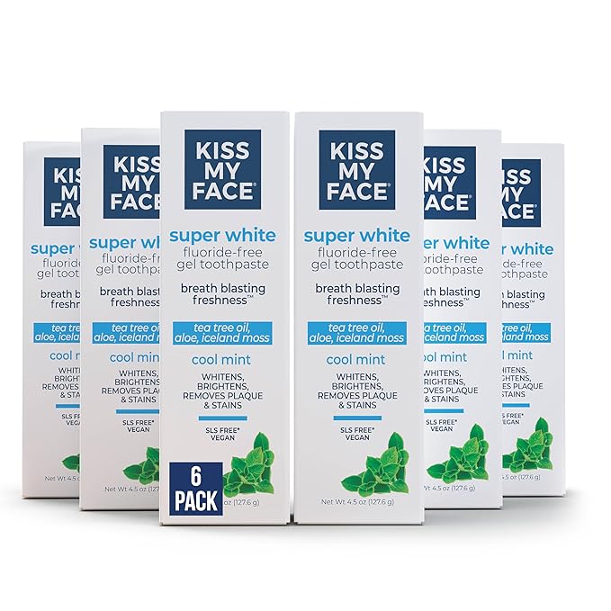 Kiss My Face Super White Toothpaste Gel Cool Mint Flavor Removes Plaque and Stains Teeth Whitening Toothpaste Fluoride Free Vegan 4.5 oz 6 Pack