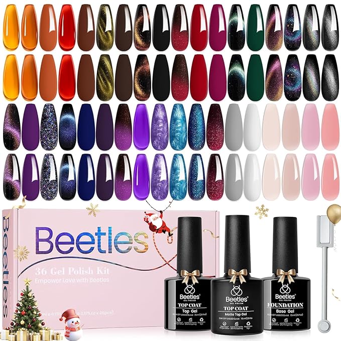 Beetles Halloween Gel Nail Polish - 39 Pcs Jelly Nail Set Glitter Changing Nail Polish Kit Treasure Box Collection with 3Pcs Base Matte and Glossy Top Soak Off Nails