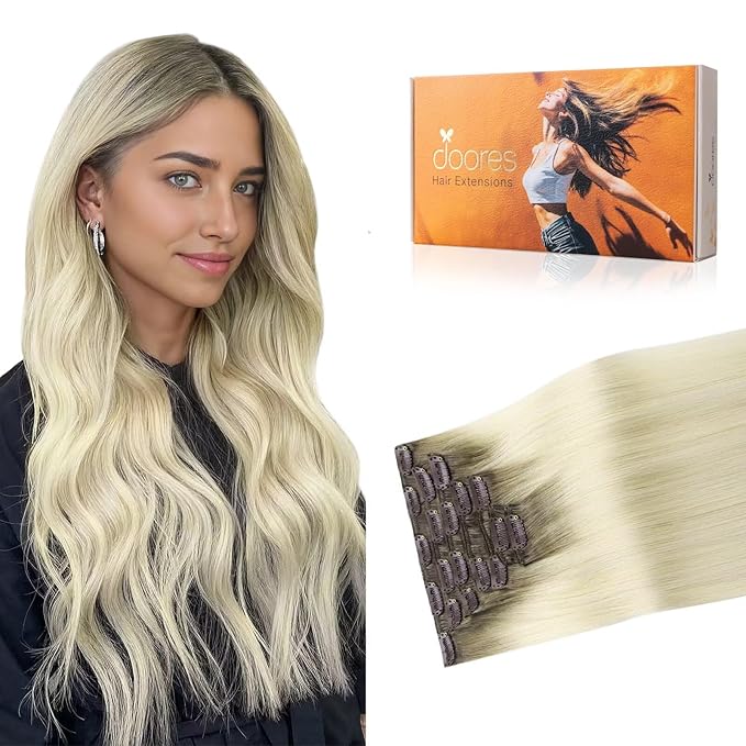 DOORES Clip in Human Hair Extensions Light Ash Brown to Ash Blonde 100g 7pcs 14 Inch Remy Hair Extensions Straight Natural Thick