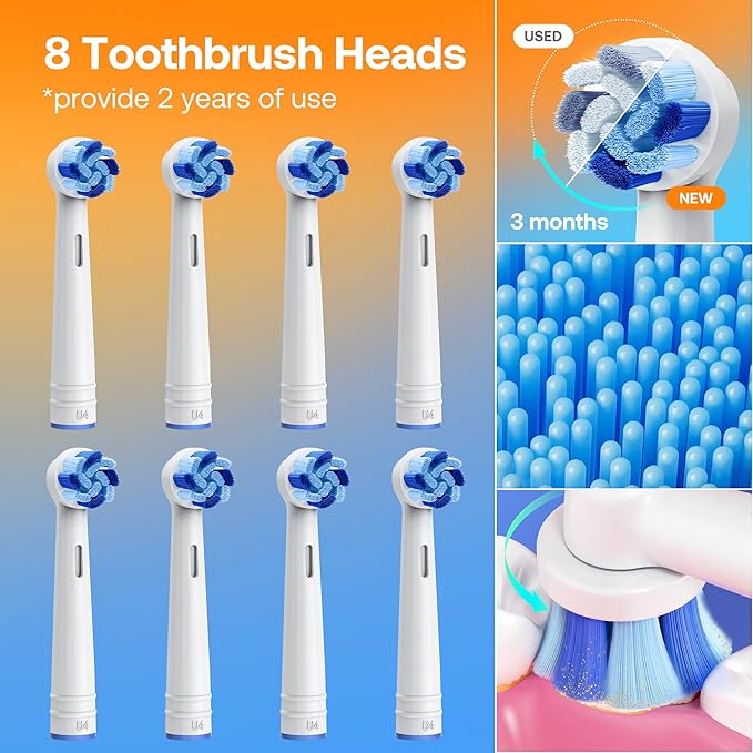 Bitvae R1 Rotating Electric Toothbrush with 8 Brush Heads for Adults and Kids 5 Modes Rechargeable Power Toothbrush 3 Hours Fast Charge for 60 Days Brushing Timer Pink