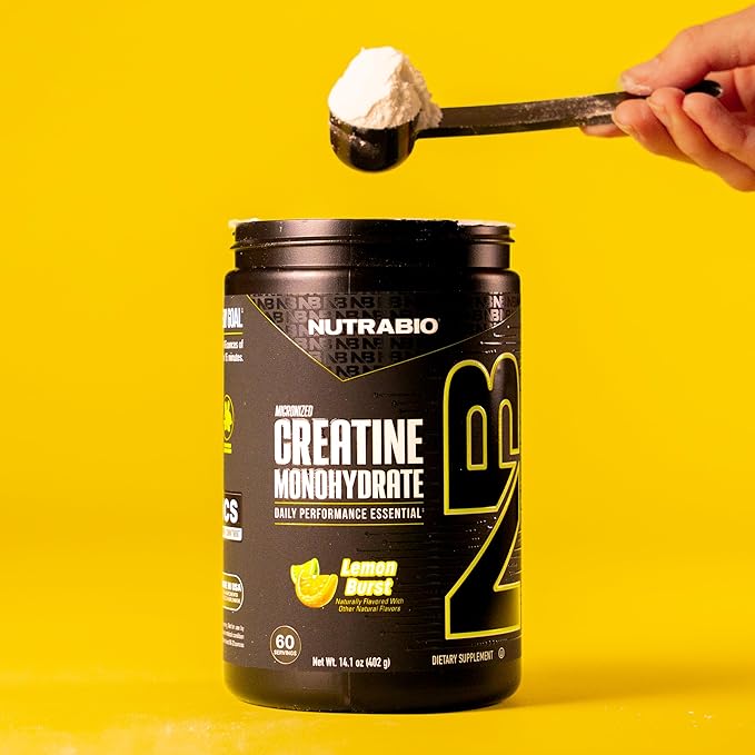 NutraBio Pure Micronized Creatine Monohydrate Powder Supplement Lemon Burst (300 g) - Supports Bulk Muscle Energy Recovery and Strength - HPLC Tested Creatine Powder Supplement for Men and Women