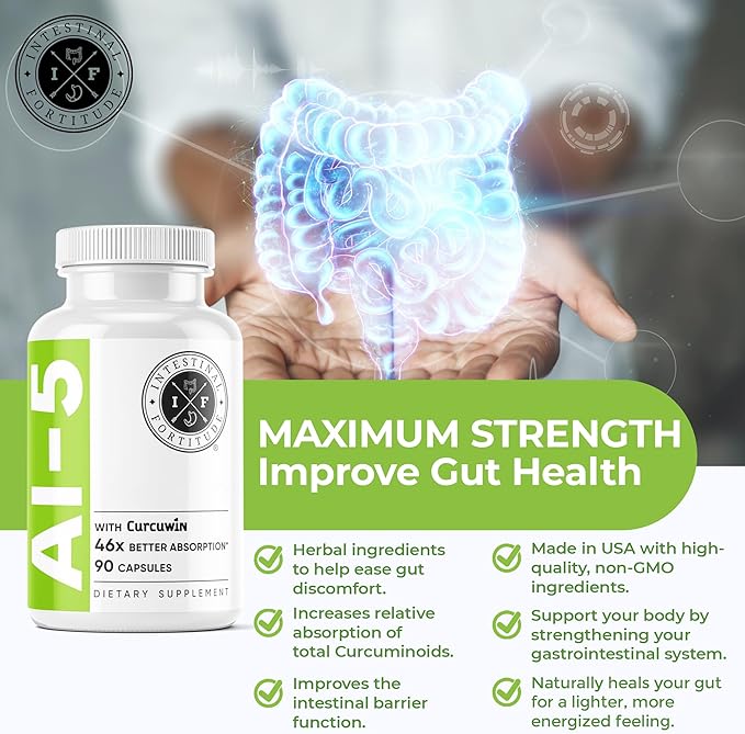 Intestinal Fortitude AI-5 - Digestive Herbal Capsule Supplement w/CurcuWIN Turmeric Curcumin Boswellia Serrata Ginger Root &amp EGCG Green Tea for Gut &amp DigestiveHealth Support Non-GMO Dair