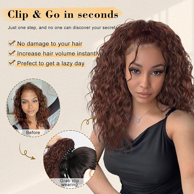 Stamped Glorious Ponytail Extension 18 Curly Wavy Pony Tail Claw Multi Layered Clip on Ponytail Extension Fluffy Natural Looking Synthetic Hair Piece for Women(Omber Almand Brown)