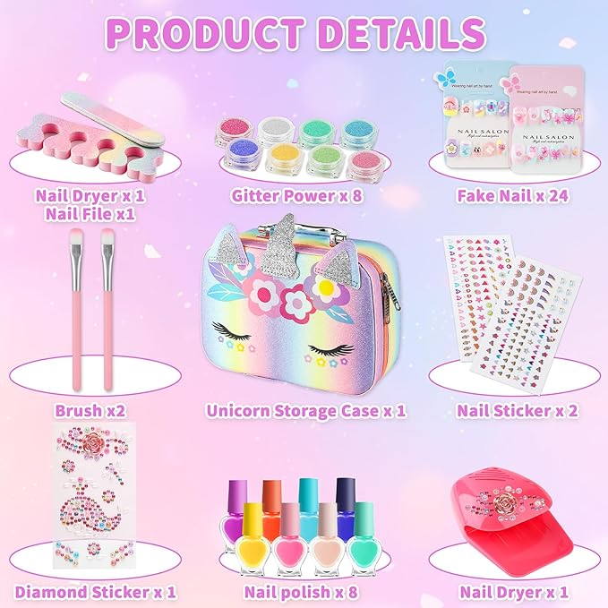 Kids Nail Polish Set for Girls Quick Dry Nail Polish Salon Kit Peelable Nail Polish Ideal Gift Toys for Toddlers Children Princess Christmas Birthday Gifts Toy Age 3-12