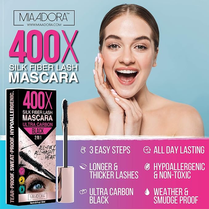 400X Pure Silk Fiber Lash Mascara [Ultra Black Volume and Length] Longer &amp Thicker Eyelashes. Waterproof Long Lasting Instant &amp Very Easy to Apply Smudge-proof Hypoallergenic