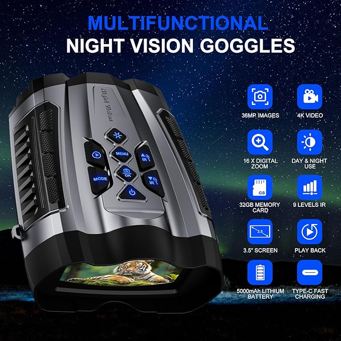 Night Vision Goggles4K Night Vision Binoculars for Adult with 5000mAh Rechargeable Battery16X Digital Zoom3.5 HD Screen and 1000FT Viewing Range32GB TF Card for Photo and VideoIdeal Gift for Men