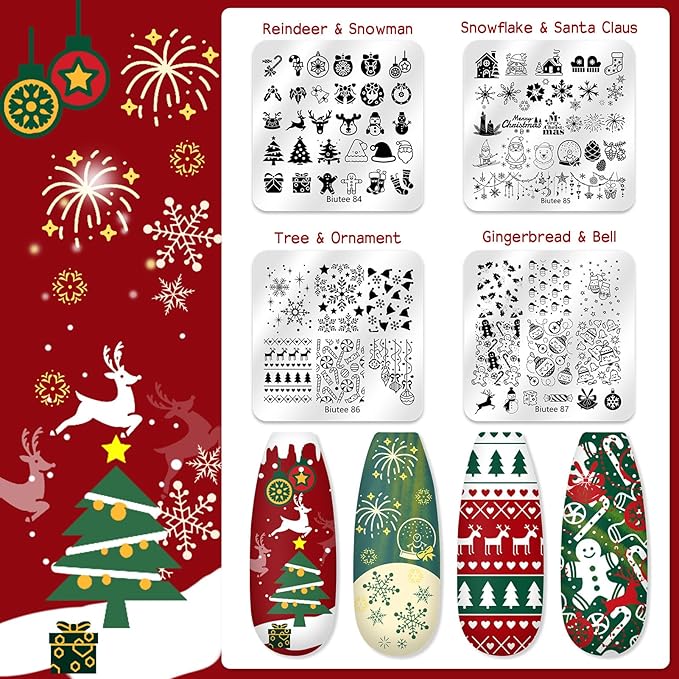 Biutee Nail Stamper Kit 16Pcs Nail Art Stamping Plate 8 Colors Stamp Polish Gel Silicone Stamper Scraper with Storage Bag Nail Stamp Plates Love Flower Butterfly Leaf Template Christmas Design Gift