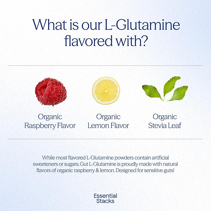 Essential Stacks Gut L-Glutamine Powder - Exclusively Made in USA - Pure L Glutamine Powder for Gut Health (50 Servings Raspberry Lemonade)