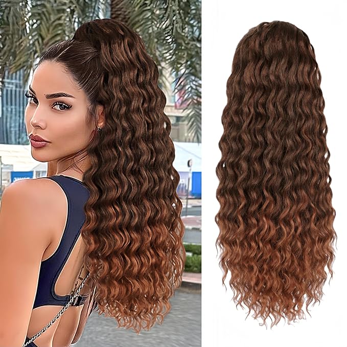 AISI BEAUTY Ponytail Extension for Black Women Drawstring Ponytail Natural Black Long Curly Wavy Ponytail 24 Inch Synthetic Clip in Ponytails Hair Extensions for Daily Use(T1B/30)