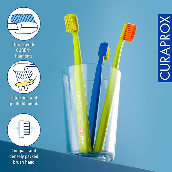 Curaprox CS 5460 Ultra-Soft Toothbrush ? for Sensitive Teeth &amp Gums | Gentle Plaque Removal | 3-Pack |Random Colour