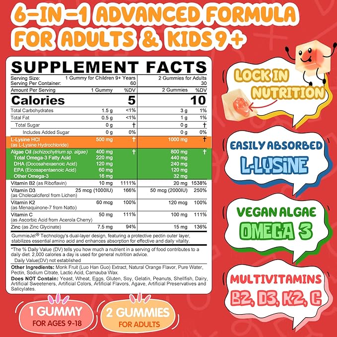 L-Lysine Gummies 500/1000mg with Algae Omega 3 Vitamin B2 D3 K2 C for Kids 9+ Teen &amp Adult Lysine Supplement Support Immune Lip &amp Oral Collagen Production Brain Bone Health Sugar Fr