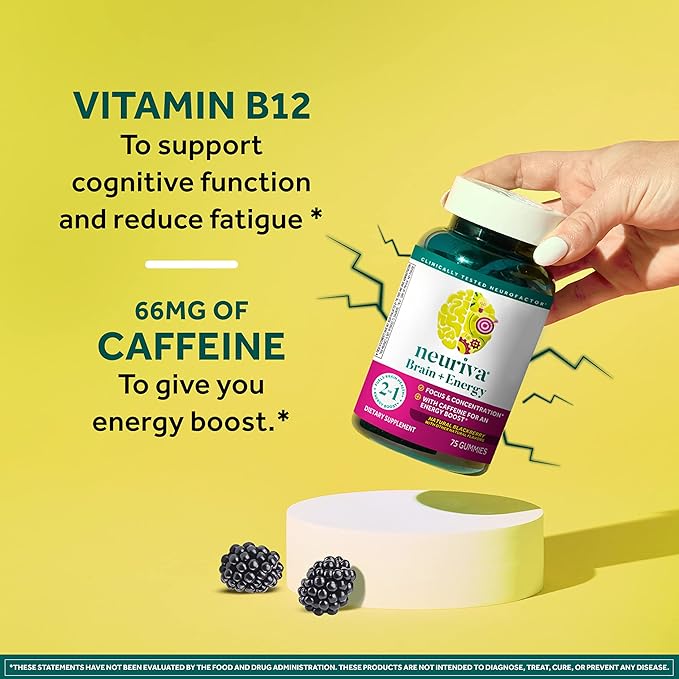 NEURIVA Brain + Energy Gummies Nootropic Brain Supplements for Focus and Concentration with Neurofactor Vitamin B12 &amp Caffeine for an Energy Boost* 75ct Natural BlackBerry