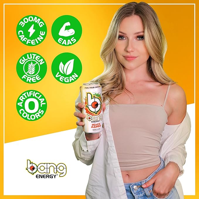 Bang Energy Peach Mango Sugar-Free Energy Drink 16-Ounce (Pack of 12)