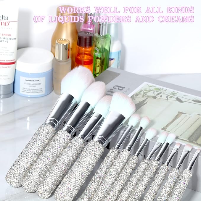 Makeup Brushes Bling Crystal Professional Face Cosmetics Blending Liquid Foundation Powder Concealer Eye Shadows Make Up Beauty Tool Glitter(12PCS) (Purely Handmade) (White)