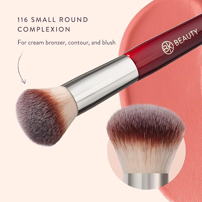 BK BEAUTY 116 SMALL ROUND COMPLEXION BRUSH ? Compact Round Makeup Brush for Precise Blending of Cream Blush Contour Bronzer &amp Foundation Vegan Bristles
