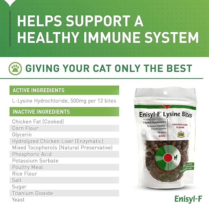 Vetoquinol Enisyl-F Lysine Bites: L-Lysine Chews for Cats &amp Kittens - Chicken Liver-Flavor 6.4oz (180g) Recloseable Bag