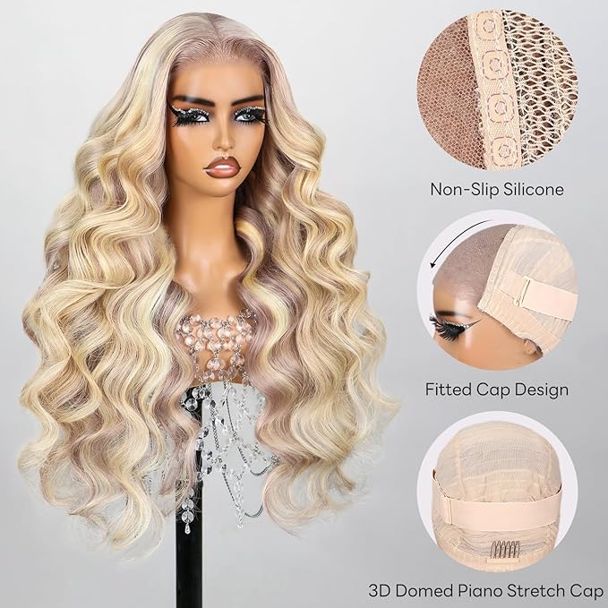 10/613 Lace Front Wigs Human Hair 5x6 Wear and Go Glueless Wigs Human Hair 240% Density Highlight Closure Wigs New Body Wave Wig Pre Cut Lace Bleached Knots (20inch 5X6 New Body Wave)