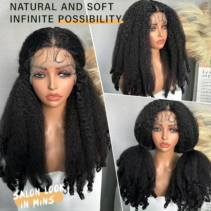 SOKU Afro Curly Lace Front Wig Synthetic T Part HD Transparent Lace Blends Kinky Straight Curly Ends Voluminous Bouncy Hair 20 Inch Natural Black Heat Friendly Black Women Must Have