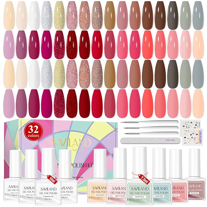 SAVILAND 42PCS Gel Nail Polish Set: 32 Colors Soak-off U V Gel Polish Kit with Base &amp Glossy Matte Top Coat Red Glitter Gel Polish Set Manicure Kit with Nail Brush for DIY Nail Girl Salon