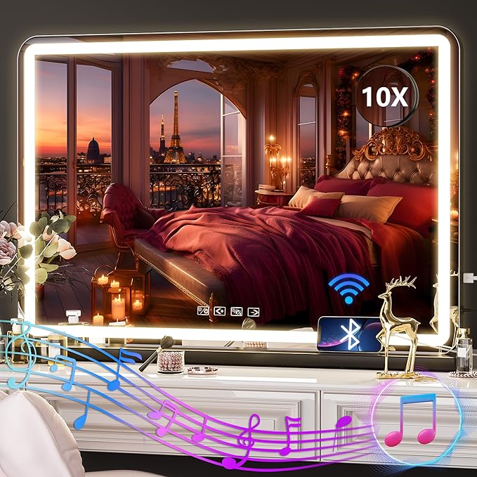 Hasipu Vanity Mirror with Lights and Bluetooth Speaker 32 x 21.7 LED Makeup Mirror Lighted Makeup Mirror with Dimmable 3 Modes USB Charging Port Round Black