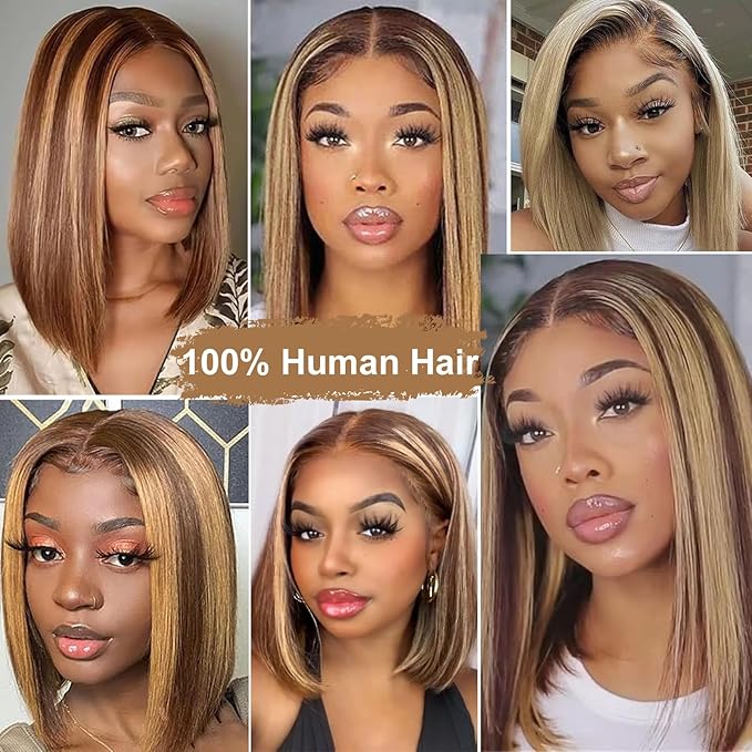 4/27 Honey Blonde 13x4 Bob Wig Human Hair 180% Density HD Transparent Lace Front Wigs Human Hair Short Bob Pre Plucked Straight Wigs Human Hair for Women 12 Inch
