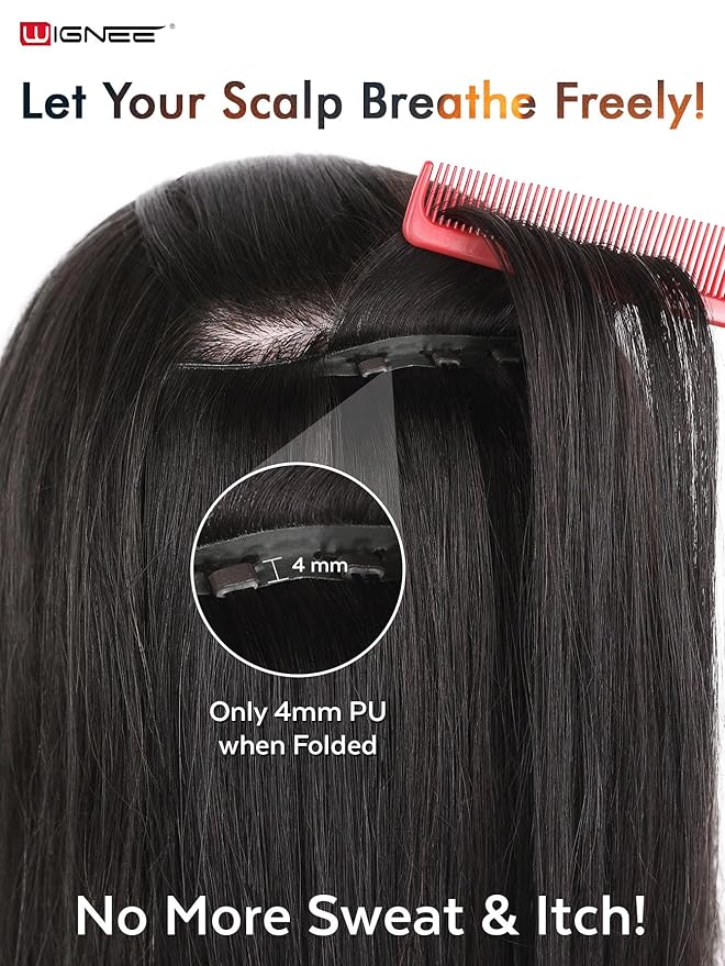 WIGNEE Natural Black Double Invisible PU OVO Human Hair Extensions 100% Remy Human Hair Bundles 18 Inch Genius Glueless Weft Hair Extensions Human Hair