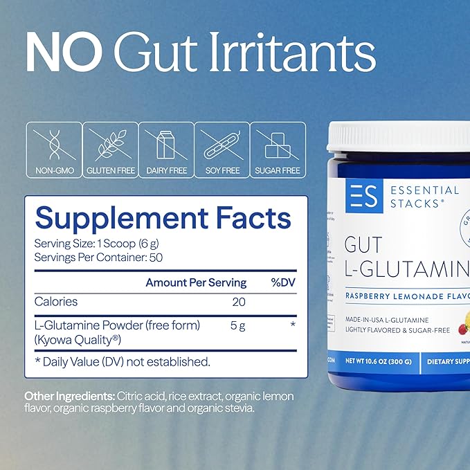 Essential Stacks Gut L-Glutamine Powder - Exclusively Made in USA - Pure L Glutamine Powder for Gut Health (50 Servings Raspberry Lemonade)