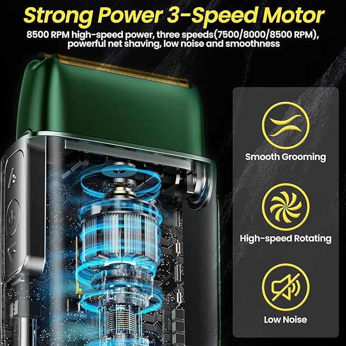 Electric Foil Shavers for Men 3 Speed Electric Razor for Men High Speed Dual Floating Blades IPX7 Waterproof Wet &amp Dry LED Display USB Type C Charging Foil Razor for Face/Beard/Head (Green)