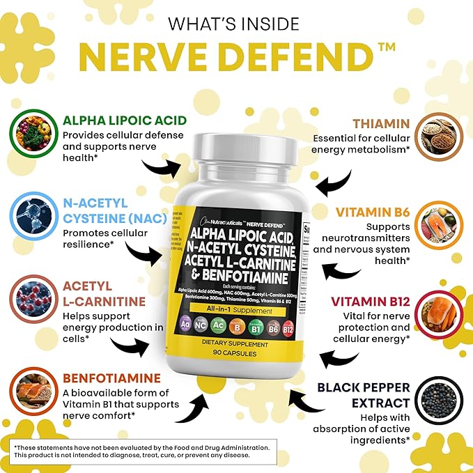 Alpha Lipoic Acid 600mg N-Acetyl Cysteine 600mg Acetyl L-Carnitine 500mg Benfotiamine 300mg - Nerve Support Supplement for Women and Men with Vitamin B1 B6 &amp B12 - Made in USA 90 Caps