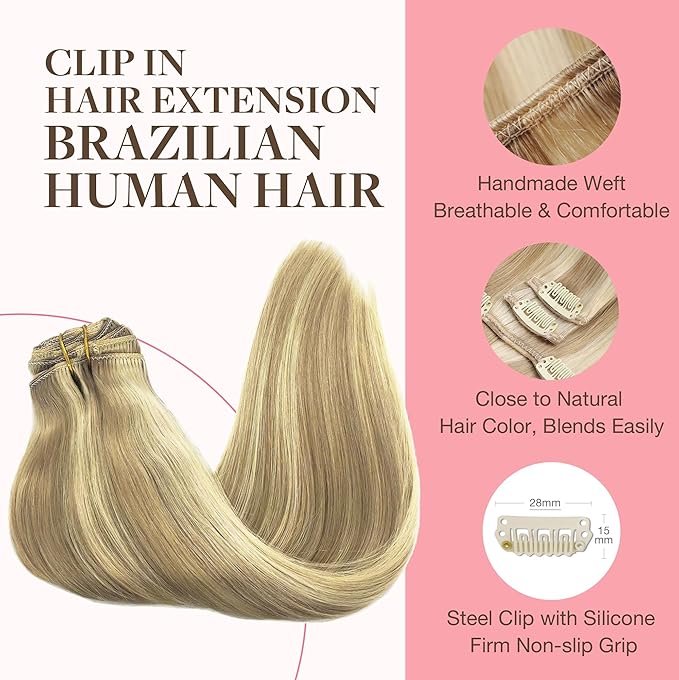 GOO GOO Clip in Hair Extensions Real Human Hair Remy Human Hair Extensions Clip ins for Women Natural Human Hair 16inch 160g 7Pcs #16/22 Light Blonde Highlighted Golden Blonde