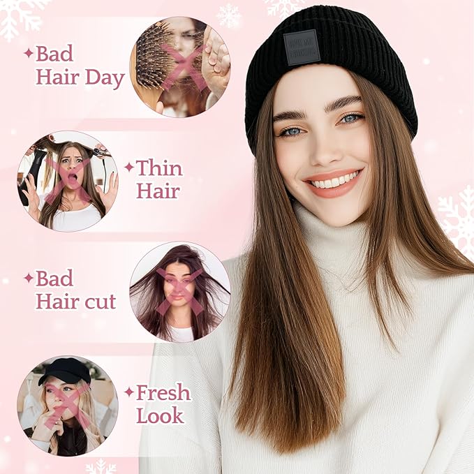 SEGO Beanie Wig for Women Hat with Hair Extentions Synthetic 11 Inch Straight Hairpiece Winter Warm Knitted Hat with Hair Attached for Women Girls 018