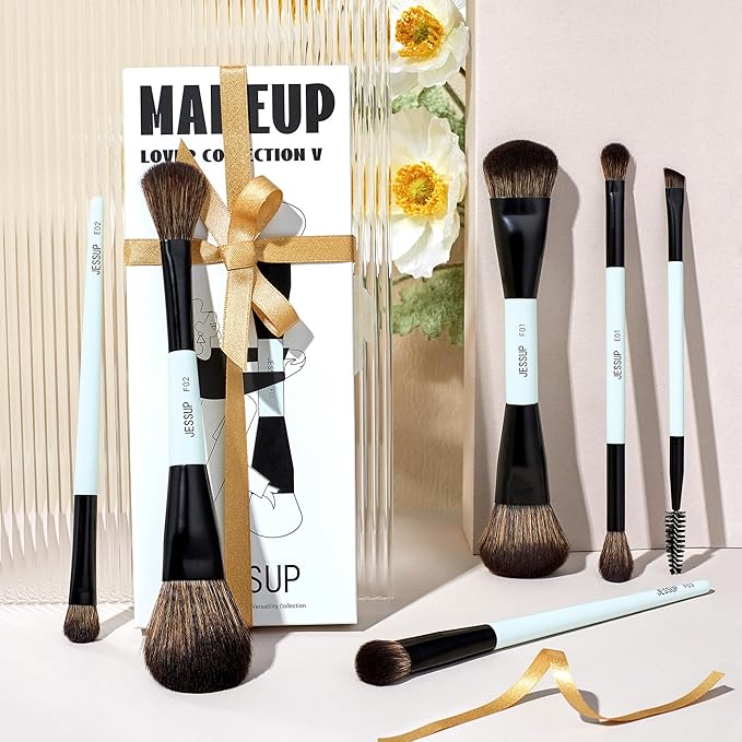 Jessup Makeup Brush Set 6pcs Double Sided Makeup Brushes Foundation Contour Blush Highlight Blending Eyebrow Brush Eyeshadow Brush Vegan Fiber Make up Brush Bright Cyan T501