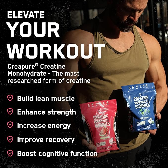 SteelFit Creapure Creatine Monohydrate Gummies for Men &amp Women Juicy Watermelon - Gym Workout Nutritional Supplements for Muscle Gain Brain Health &amp Strength Building Dietary Supplement 120