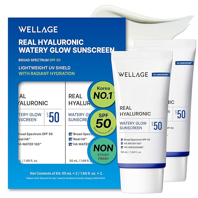 WELLAGE Real Hyaluronic Watery Glow Sunscreen Double Set SPF50 - Broad Spectrum UV Protection with 6 Types Hyaluronic Acid - No White Cast Makeup Base - K-Beauty Face Sunscreen 1.69 fl.oz x 2 Pack
