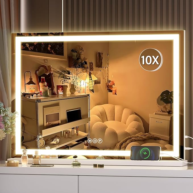 Hasipu Vanity Mirror with Lights 28 x 20 LED Makeup Mirror Lighted Makeup Mirror with Dimmable 3 Modes Touch Screen Control Vanity Mirror Square White