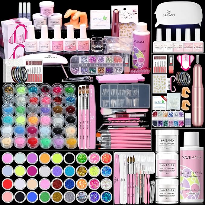SAVILAND Acrylic Nail Kit ? Nails Kit Acrylic Set with Nail Drill Brushes Gel Polish Clear Nails Tips Nail Art Tools Nail Stuff for Starters DIY Christmas Gift