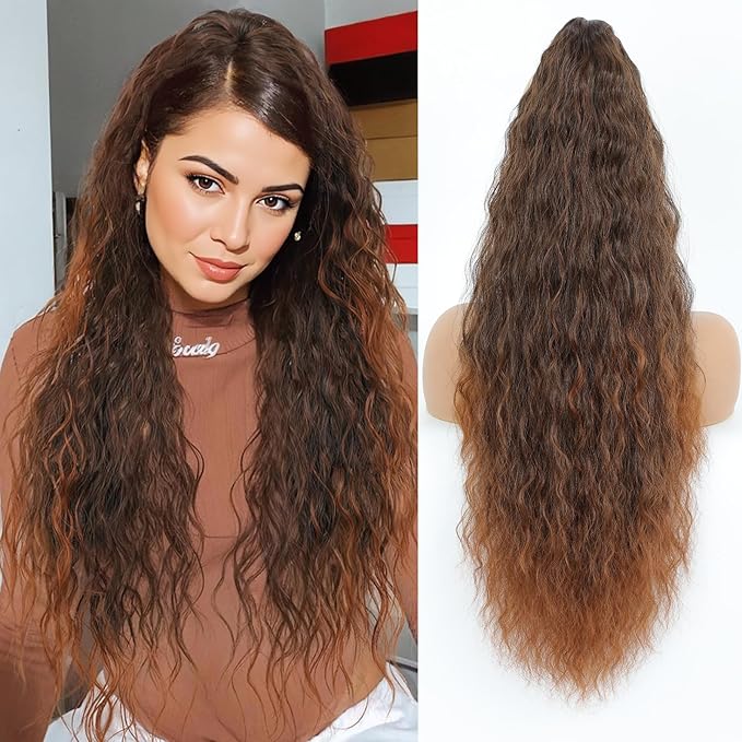 Claw Clip in Ponytail Extension 30 Inch Long Wave Curly Pony Tail Hair Extensions for Women fluffy Natural Looking Synthetic Hairpiece for Daily Use(Ombre Medium Dark Brown 30Inch)