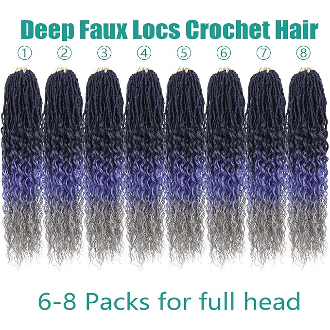 Goddess Locs Crochet Hair 24 Inch 8 Packs Soft Crochet Braids With Curly Ends Deep Faux Locs Crochet Hair for Black Women Pre Looped Synthetic Braiding Hair(24 Inch 1B/Blue/Grey)