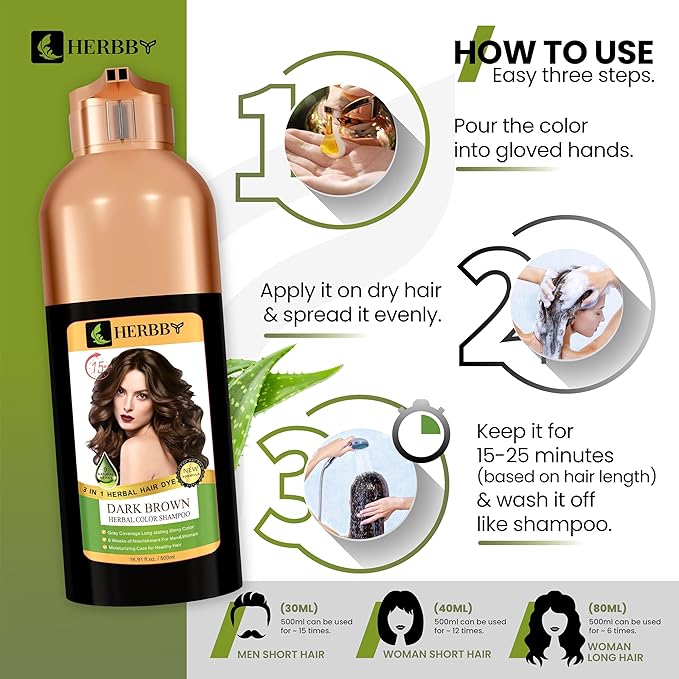 HERBBY Hair Color Shampoo for Gray Hair Coverage&ampColor Transform with 9 Herbal Extracts ?Long Lasting(6-8 Weeks)ShinyEvenly ColoredInstant Hair Dye Shampoo&ampConditioner 500 Ml (DARK BROWN C