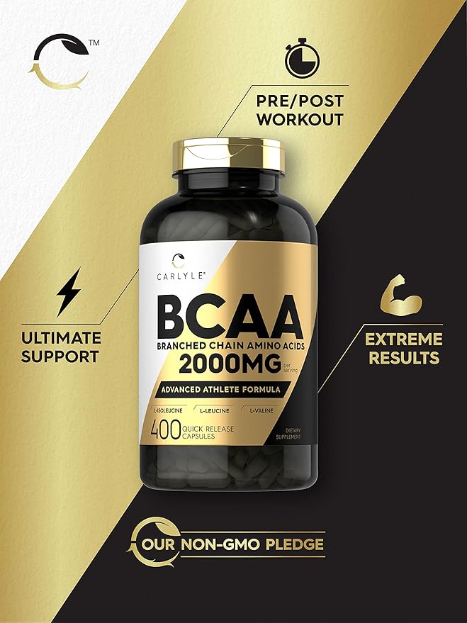 Carlyle BCAA Capsules | 2000mg | 400 Powder Pills | Amino Acids Supplement Blend | for Women and Men | with L-Isoleucine L-Leucine L-Valine | Non-GMO and Gluten Free