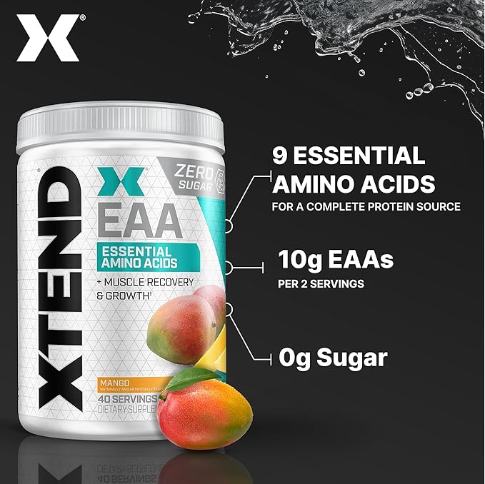 Xtend Scivation EAA + BCAA Powder | Muscle Recovery &amp Lean Muscle Growth | 9 Essential Amino Acids for Intra Workout or Post Workout Recovery | 10g EAAs Per 2 Servings | Mango 40 Servings