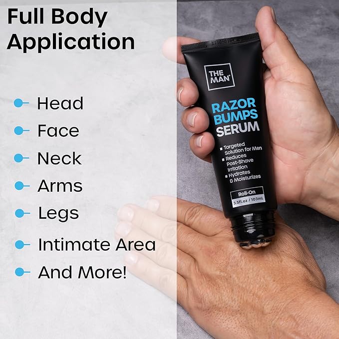 The Man Razor Bumps Serum - Ingrown Hair Treatment for Men - Razor Bump Treatment for Men - Face &amp Body After Shave &amp Razor Burn Treatment - Metal Roll On Soothes Skin &amp Calms Irritation (