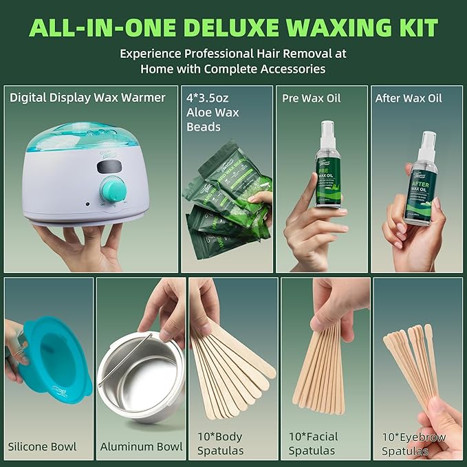 Waxing Kit for Women Men - Premium Digital Wax Melt Warmer Kit for Sensitive Skin Coarse Hair Removal - 14oz Hard Wax Beads &amp Silicone Liner - for Bikini Brazilian Body Face Leg - Home Wax Kit