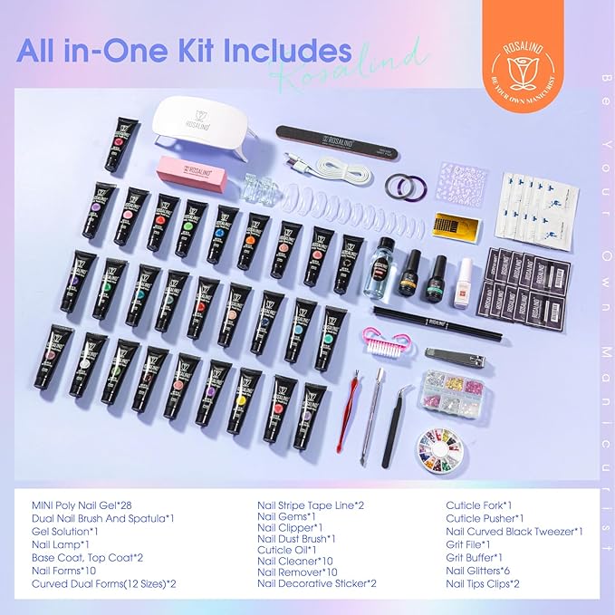 ROSALIND 28 Colors Poly Nail Gel Kit with Mini Lamp Clear Neon Poly Nail Gel Starter Kit for Beginners Halloween All Seasons Classic Colors with Everything