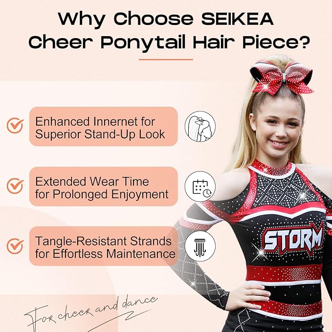 SEIKEA Cheer Ponytail Hair Piece 16 Champagne Blonde Straight Cheerleader Hairpiece Ponytail Extension for Cheerleader Competition Dance